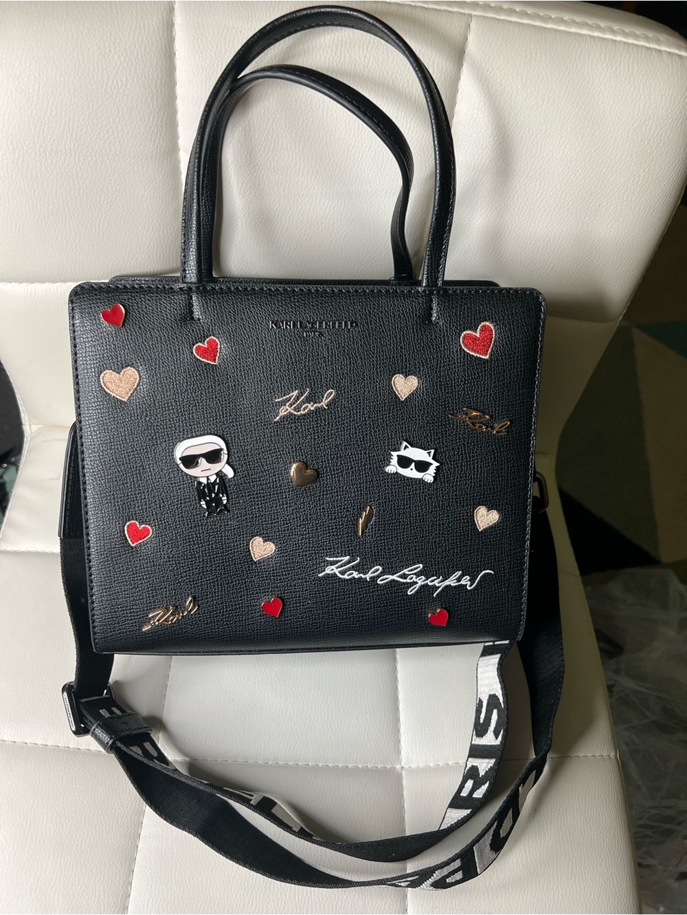 Karl Lagerfeld Black Satchel with Red and Gold Heart Embellishments